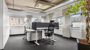 Private office with height-adjustable desk and green plant in the Puchheim office building – Rogers Real Estate