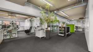 Open-plan office with multiple workstations and a green plant in Puchheim – Rogers Immobilien