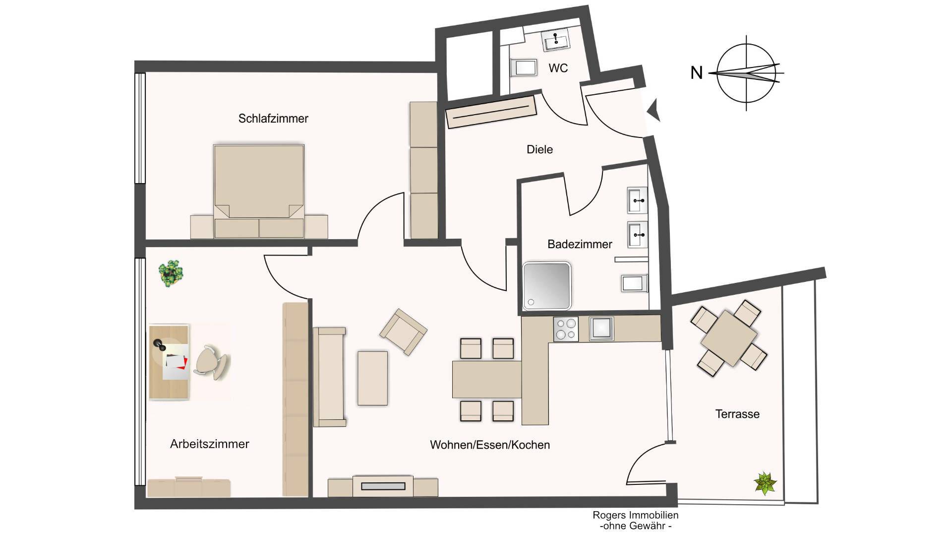Layout of the apartment for sale in Munich-Schwabing with a bedroom, a study, a living-dining area and a terrace