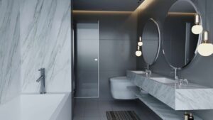 3D-Visualisierung eines modernen Badezimmers mit Marmorfliesen und Doppelwaschtisch als Sanierungsvorschlag