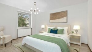3D-Visualisierung eines eingerichteten Schlafzimmers mit Doppelbett und Sessel als Einrichtungsvorschlag