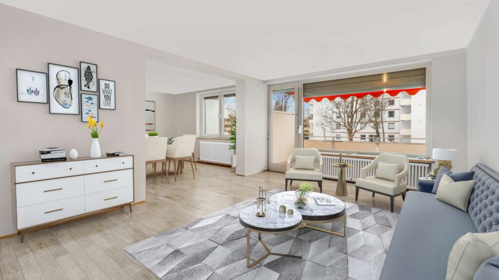 3D-Visualisierung eines eingerichteten Wohn-Essbereichs mit Sofa, Sideboard und Esstisch als Einrichtungsvorschlag