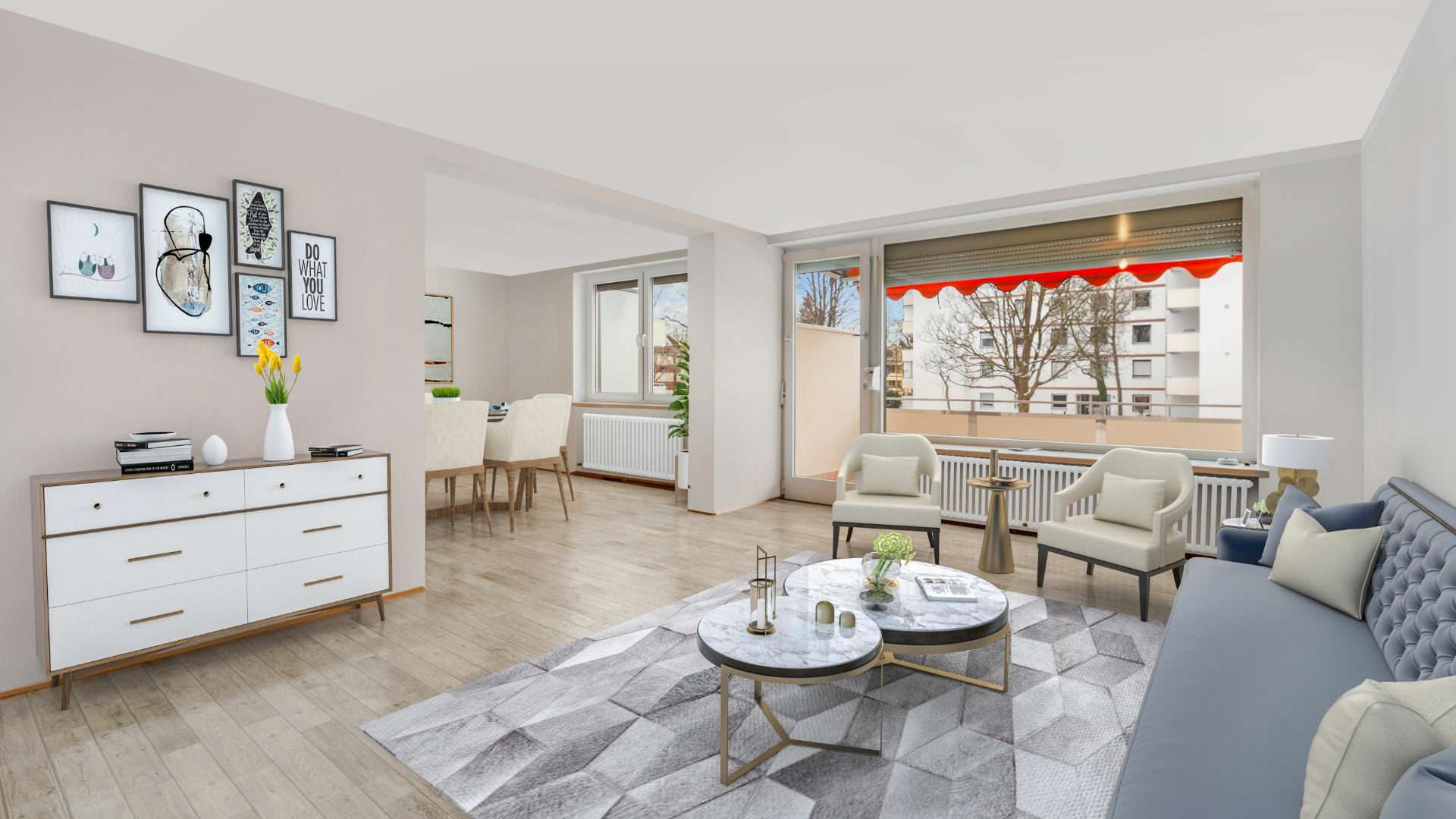 3D-Visualisierung eines eingerichteten Wohn-Essbereichs mit Sofa, Sideboard und Esstisch als Einrichtungsvorschlag