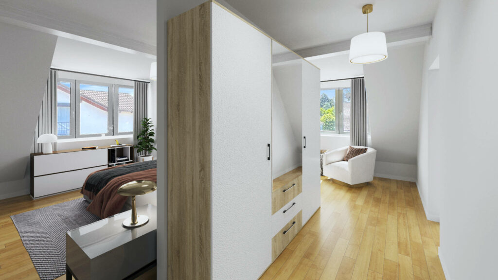3D-Visualisierung des Schlafzimmers mit begehbarem Kleiderschrank der Wohnung in München-Trudering
