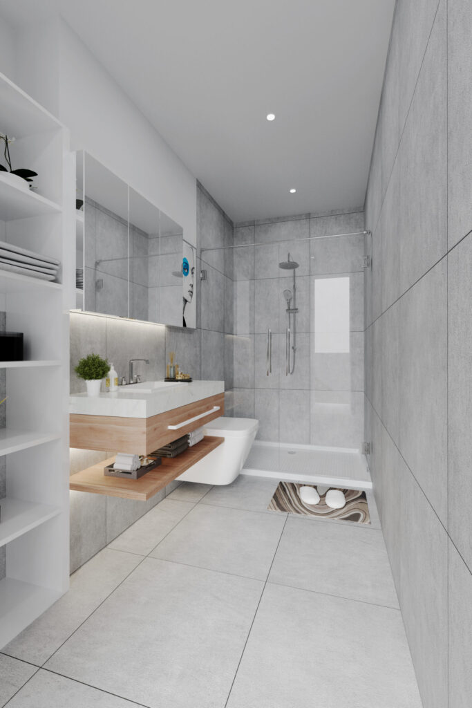 Virtual rendering of a narrow bathroom with a vanity, shelf, and shower in an apartment in Munich-Trudering