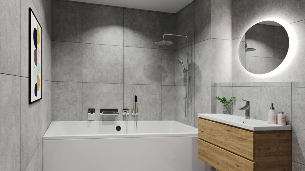 3D visualization of the bathroom of the apartment in Munich-Trudering with a bathtub and a round illuminated mirror
