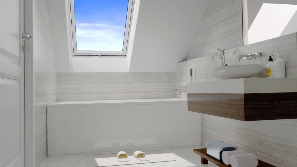 3D-Visualisierung des Badezimmers unter der Dachschräge der Wohnung in München-Trudering mit Badewanne und Dachfenster