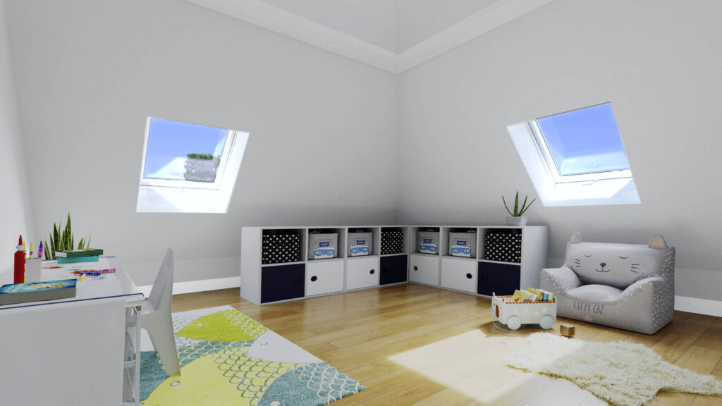 3D-Visualisierung des Arbeits-/Kinderzimmers unter der Dachschräge der Wohnung in München-Trudering