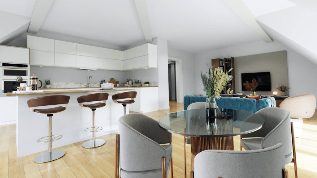3D-Visualisierung der offenen Küche mit Bartresen der Wohnung in München-Trudering unter der Dachschräge