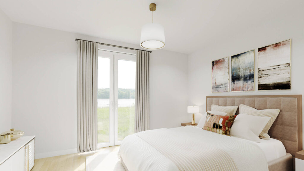 3D visualization of the bedroom of the apartment in Munich-Trudering with an upholstered bed and balcony access