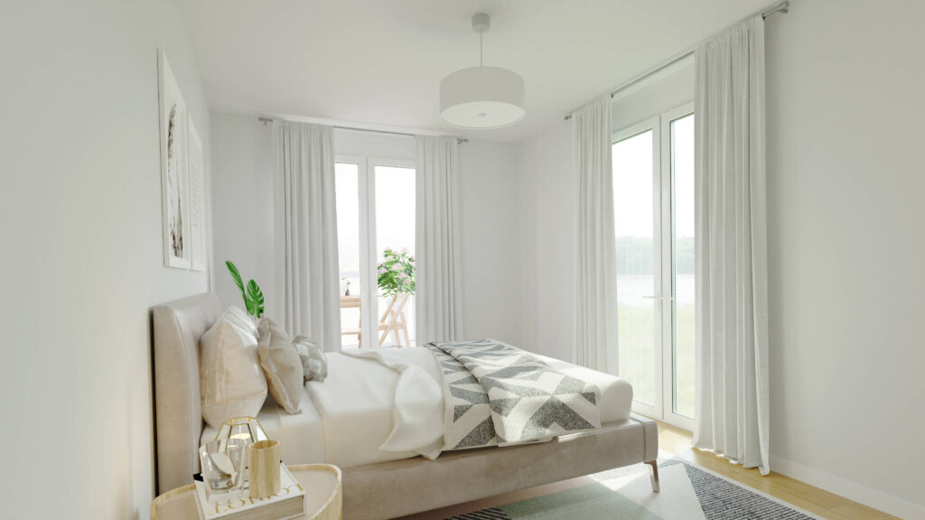 Virtual rendering of a bedroom with a bed and two patio doors in an apartment in Munich-Trudering