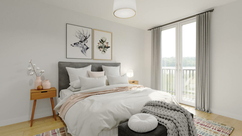 Virtual representation of a bedroom with a double bed and patio door in an apartment in Munich-Trudering