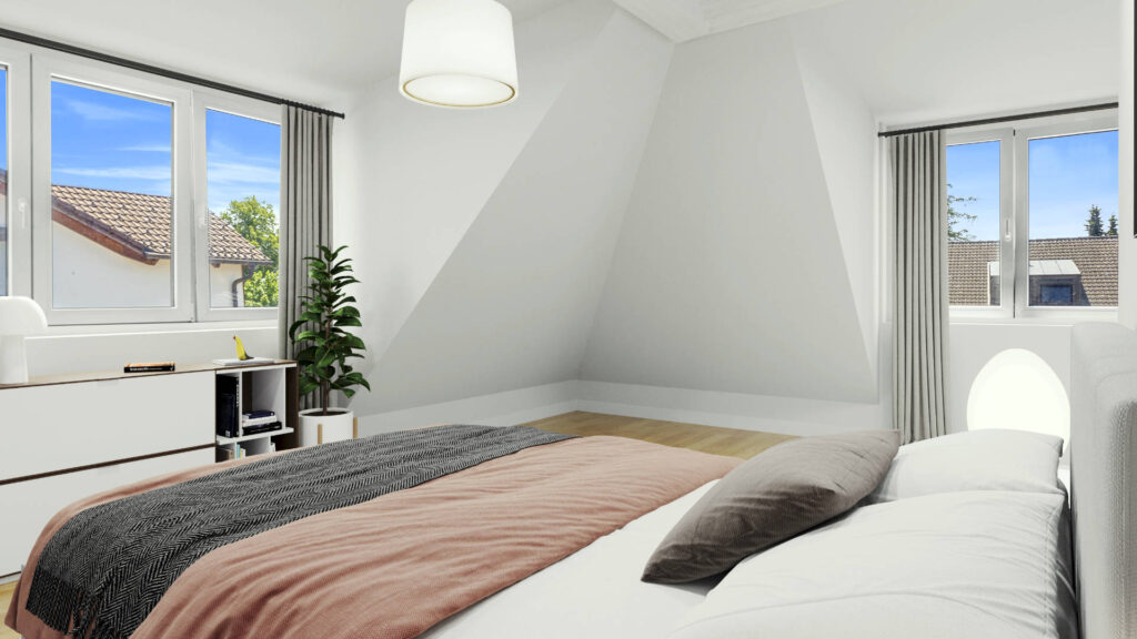 3D-Visualisierung des Schlafzimmers unter der Dachschräge der Wohnung in München-Trudering mit Doppelbett