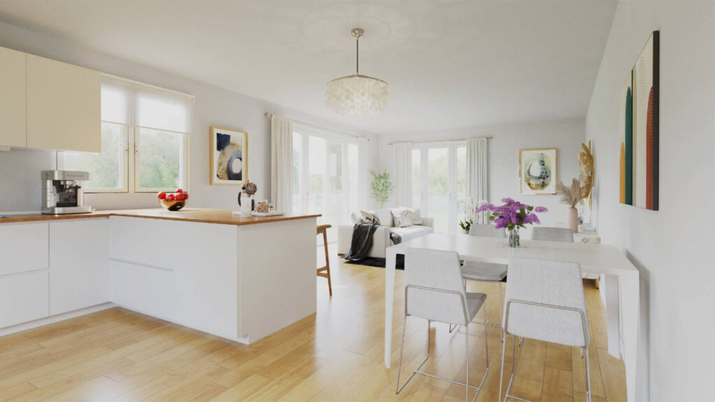 3D visualization of the open-plan kitchen and living area of the apartment in Munich-Trudering with a white kitchen unit and dining area