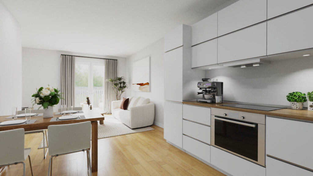 Virtual representation of an eat-in kitchen with a dining area and sofa corner in an apartment in Munich-Trudering