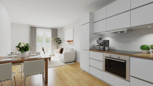 Virtual representation of an eat-in kitchen with a dining area and sofa corner in an apartment in Munich-Trudering
