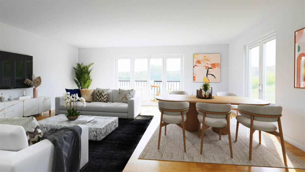 3D visualization of the living room of the apartment in Munich-Trudering with a white couch and dining area