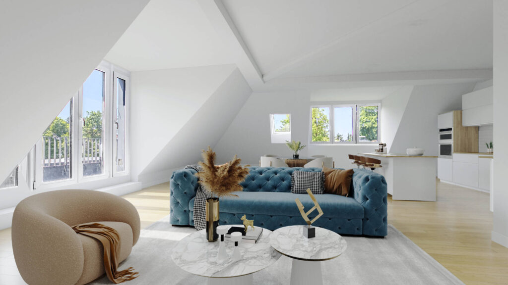 3D-Visualisierung des Wohnzimmers unter der Dachschräge der Wohnung in München-Trudering mit blauer Samtcouch