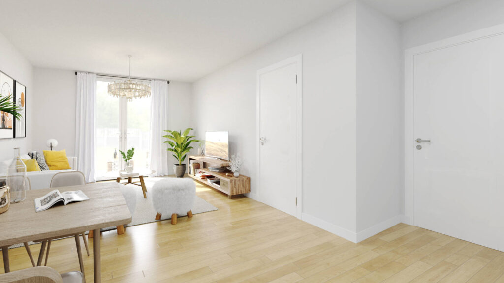 Virtual representation of a living room with a yellow sofa and dining table in an apartment in Munich-Trudering