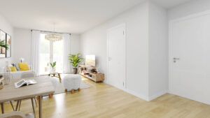 Virtual representation of a living room with a yellow sofa and dining table in an apartment in Munich-Trudering
