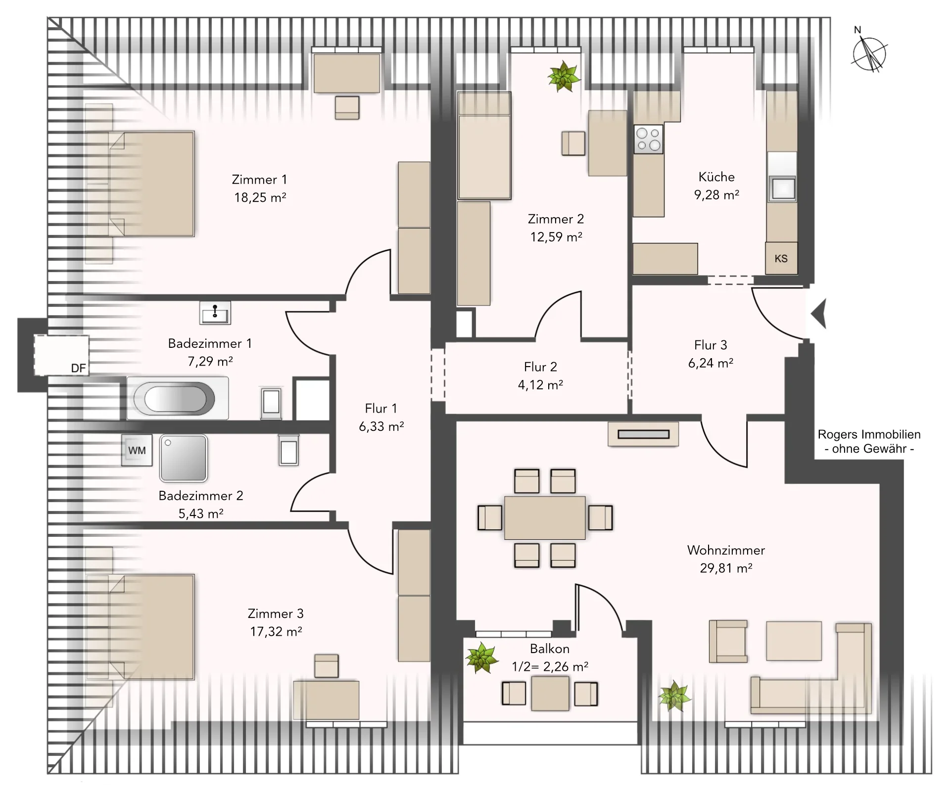 Floor plan of a three-room attic apartment with living room, kitchen, and loggia in Munich-Berg am Laim – Rogers Immobilien