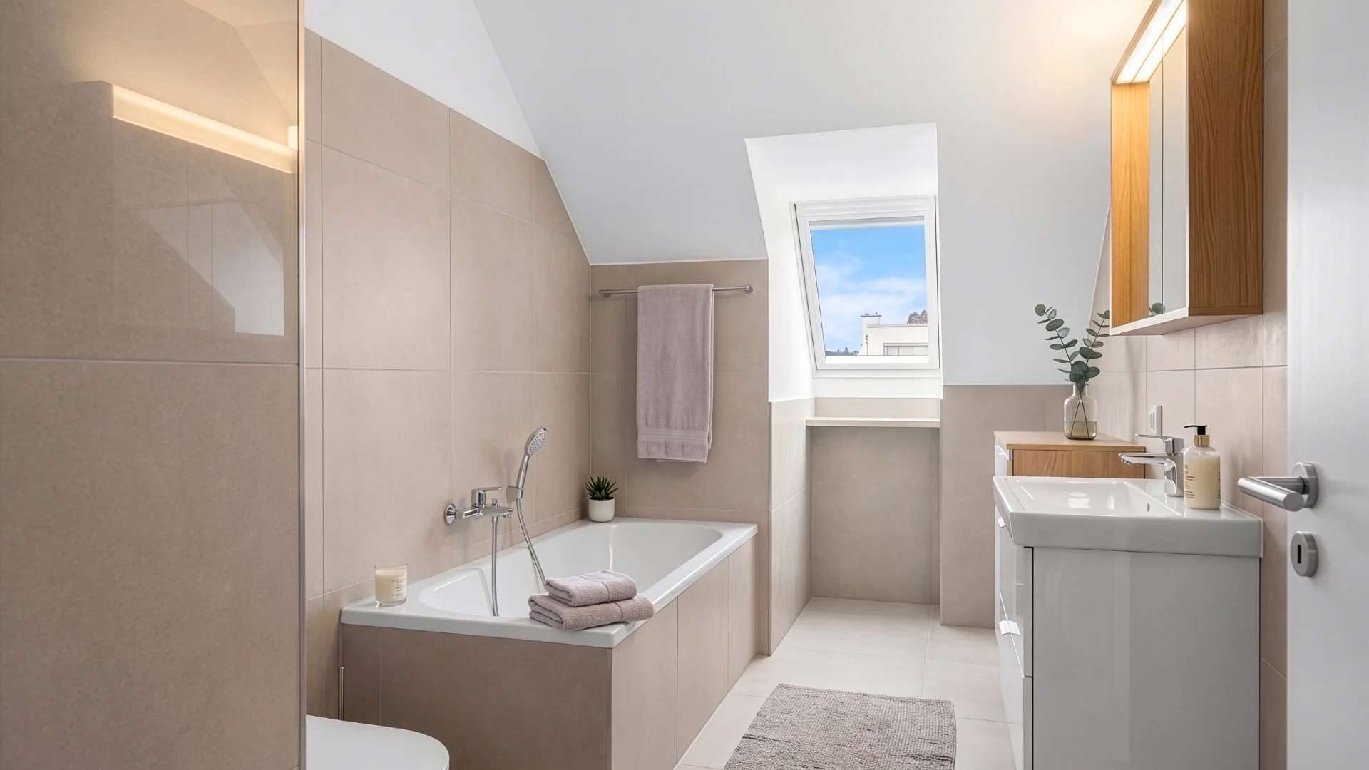 3D visualization of a modern bathroom with a bathtub under the sloping roof in Munich-Berg am Laim – Rogers Immobilien