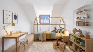 3D visualization of a cozy children's room with a house bed under the slanted roof in Munich-Berg am Laim – Rogers Real Estate