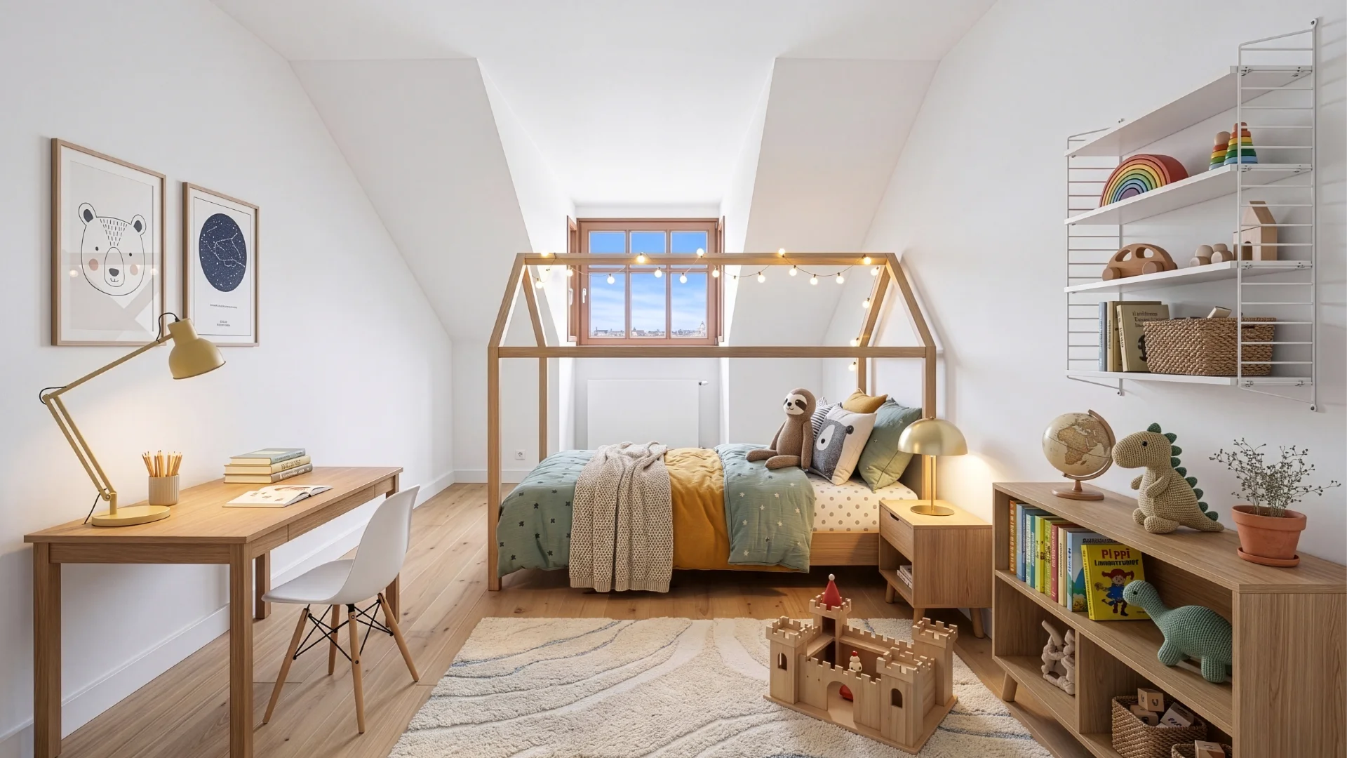 3D visualization of a cozy children's room with a house bed under the slanted roof in Munich-Berg am Laim – Rogers Real Estate