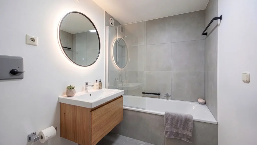 3D-Visualisierung eines modernen Badezimmers mit rundem Spiegel, Holzwaschtisch und Badewanne in Forstenried