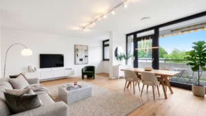 3D-Visualisierung eines möblierten Wohn-Essbereichs mit Sofa, Esstisch und Terrassenzugang in Forstenried