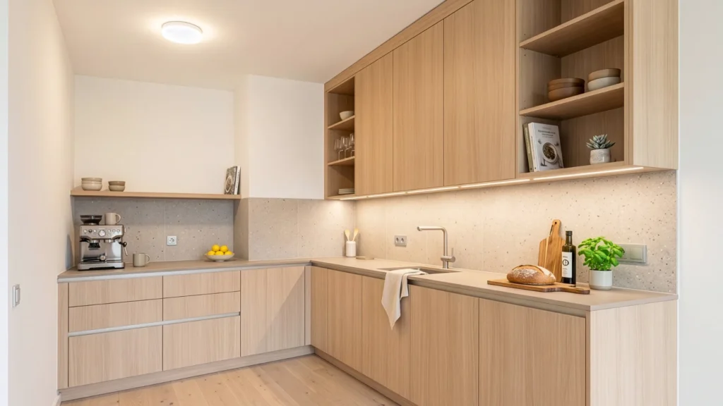 Visualization of a modern fitted kitchen with a light wood finish