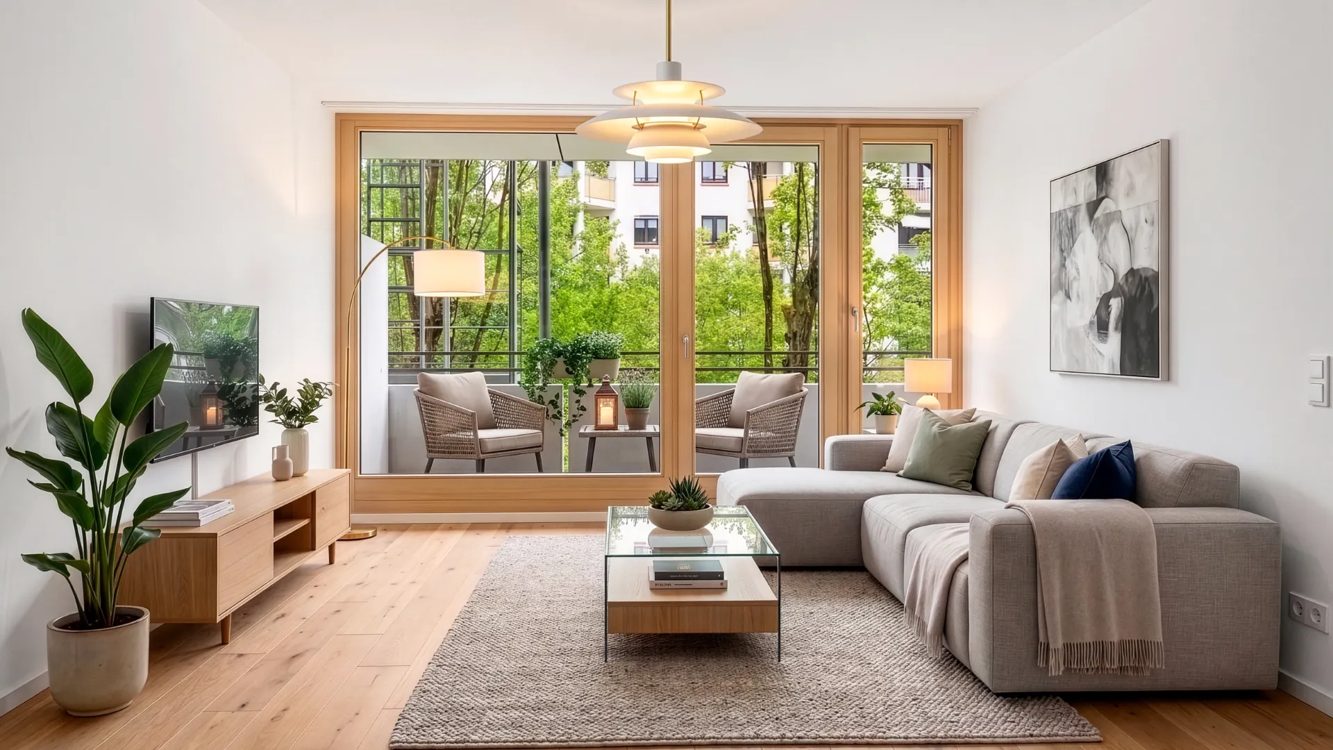 Virtuelle Einrichtung des Wohnzimmers mit Sofa und Blick ins Grüne, Eigentumswohnung München-Milbertshofen