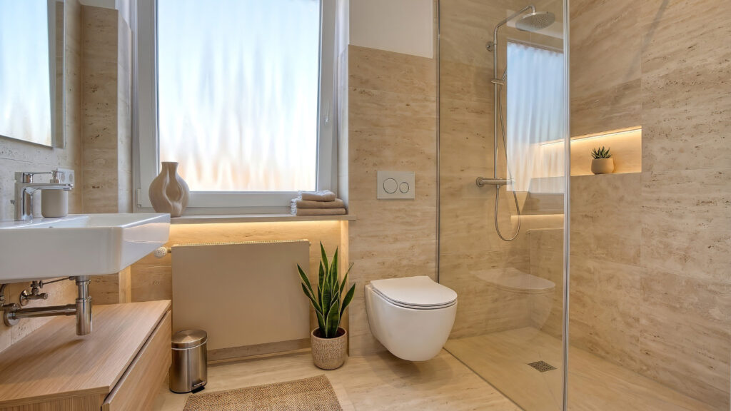 3D visualization of a modern bathroom with a natural stone look and shower in Munich-Obermenzing – Rogers Immobilien