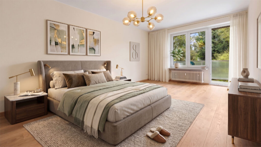 3D visualization of a furnished bedroom with a double bed and garden view in the house in Munich-Obermenzing