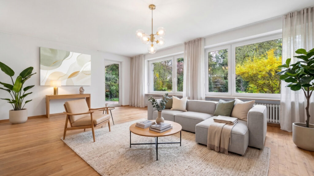 3D visualization of a furnished living room with a sofa, fireplace, and large windows in the house in Munich-Obermenzing