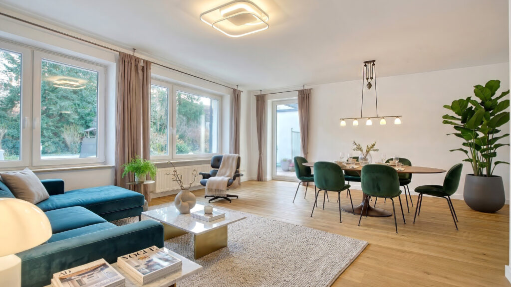 3D visualization of a modern living-dining room with petrol-colored chairs in Munich-Obermenzing – Rogers Immobilien