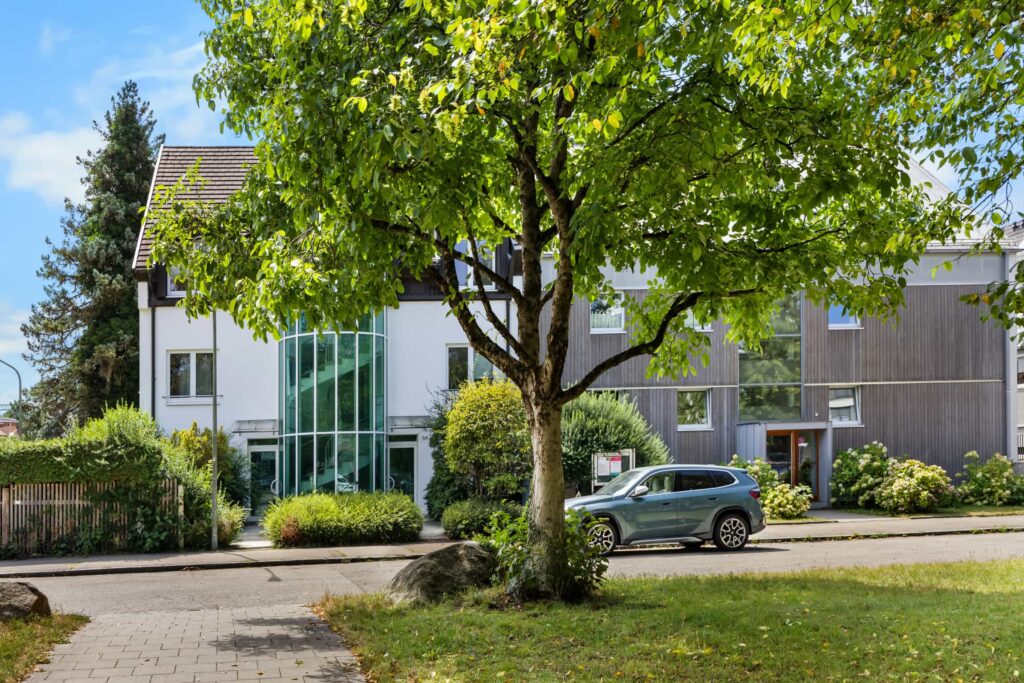 Wohnhaus mit großem schattenspendendem Baum im Vorgarten