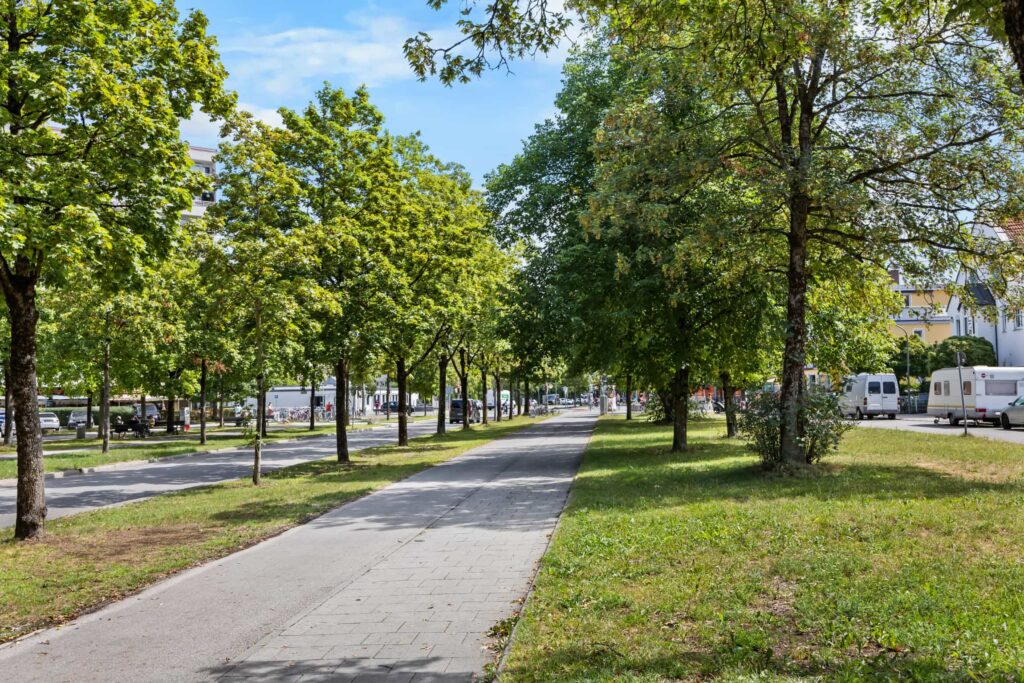 Baumgesäumter Fuß- und Radweg in der Nähe der Wohnung