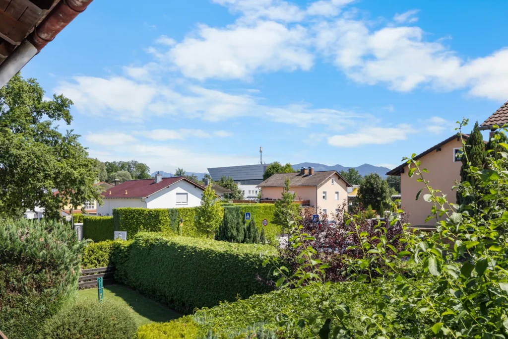 Panoramic view over the neighborhood with a mountain backdrop