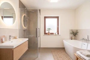 Modern gestaltetes Badezimmer mit freistehender Badewanne und Dusche (virtuelles Homestaging)