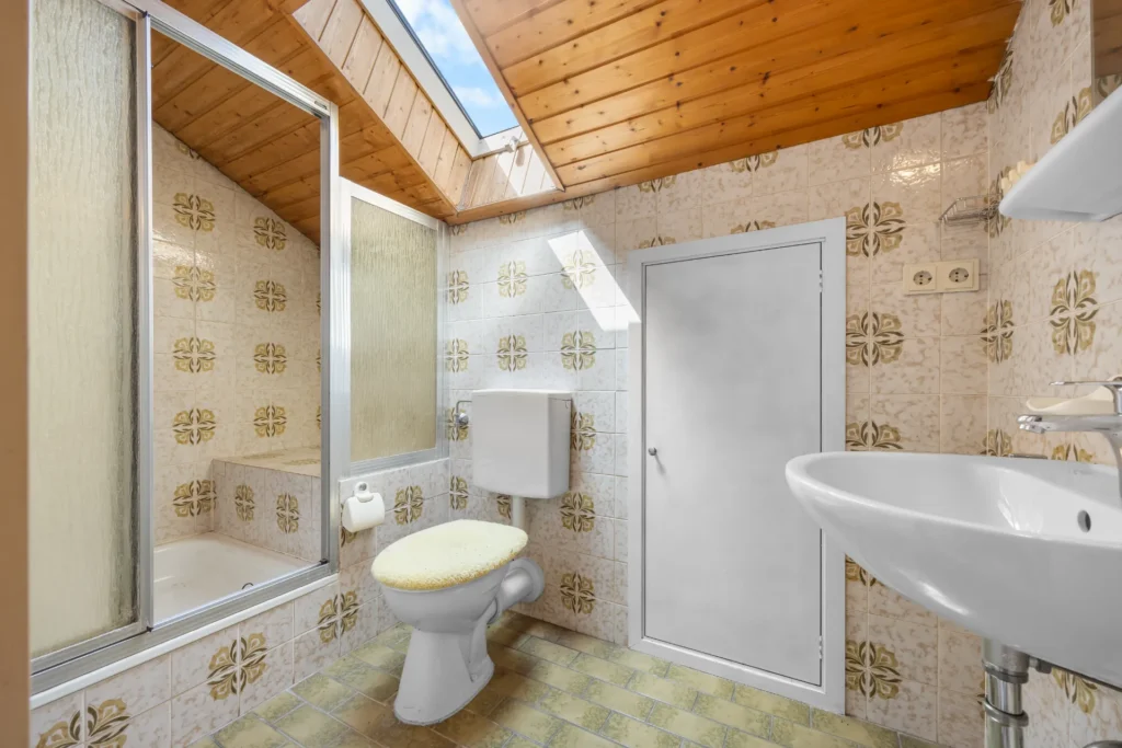 Attic bathroom with shower, toilet, and skylight