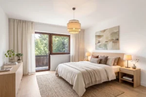 Modern eingerichtetes Schlafzimmer mit Balkonzugang (virtuelles Homestaging)