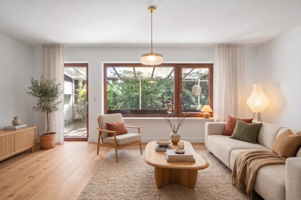 Modern furnished living room with terrace access (virtual home staging)